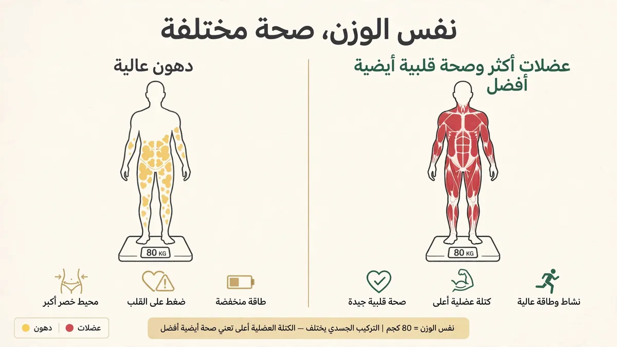 مقارنة بين شخصين بنفس الوزن: أحدهما بنسبة دهون عالية والآخر بكتلة عضلية أفضل وصحة قلبية أيضية أفضل