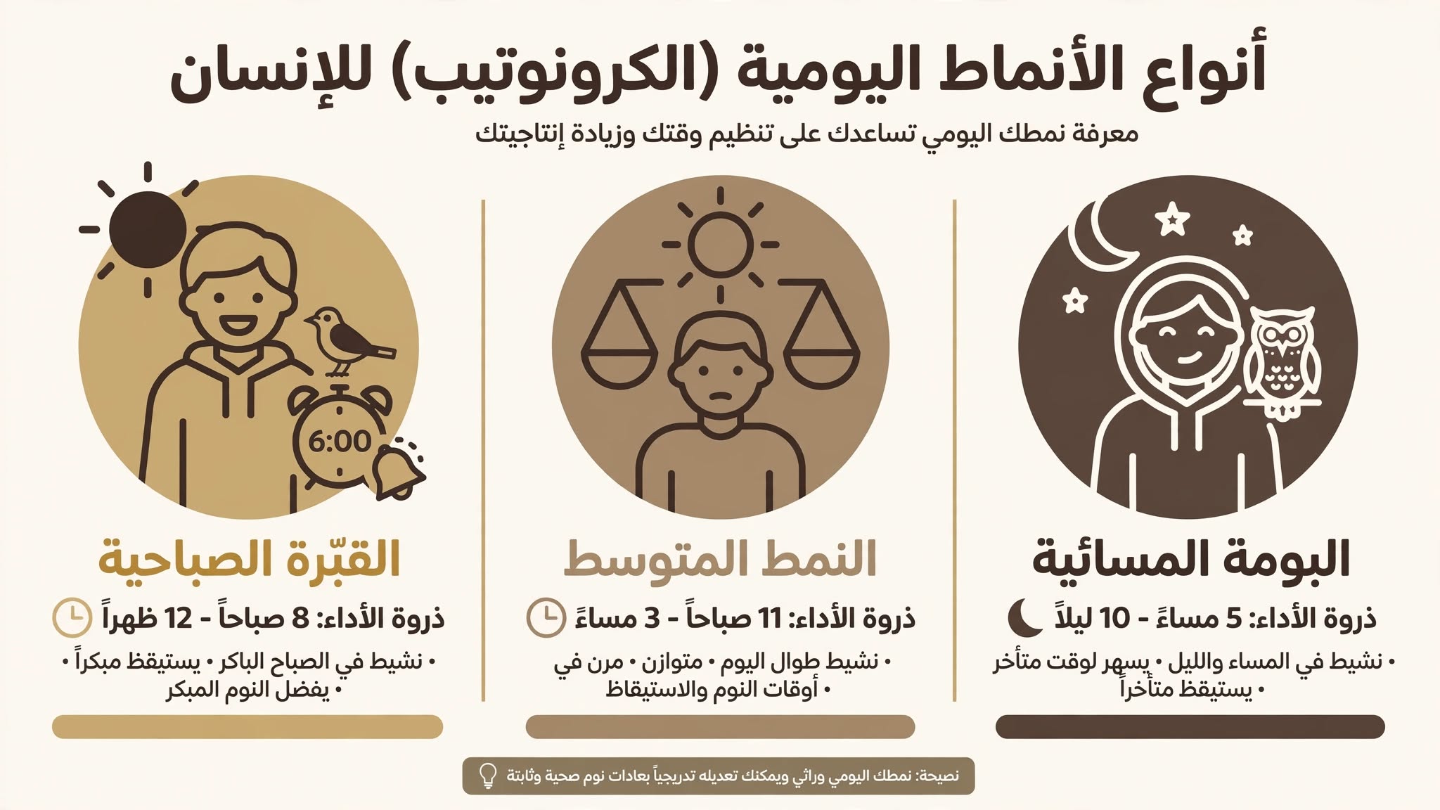 ثلاثة أنماط زمنية شخصية: القبّرة الصباحية، النمط المتوسط، والبومة المسائية