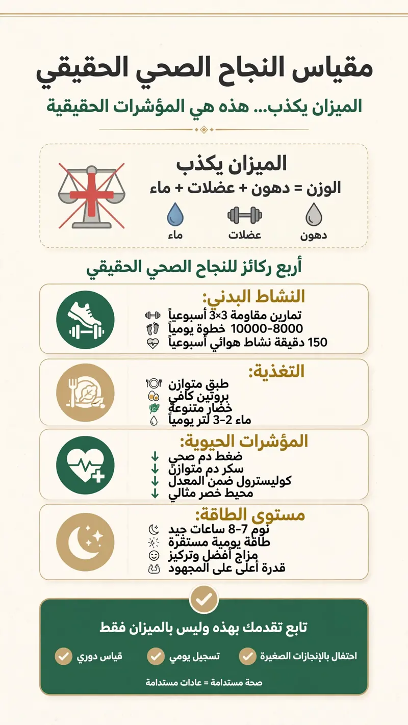 إنفوغرافيك يُظهر مقياس النجاح الصحي الحقيقي: النشاط البدني، التغذية، المؤشرات الحيوية، مستوى الطاقة