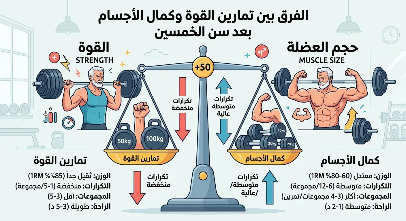 الفرق بين تمارين القوة وكمال الأجسام بعد الخمسين