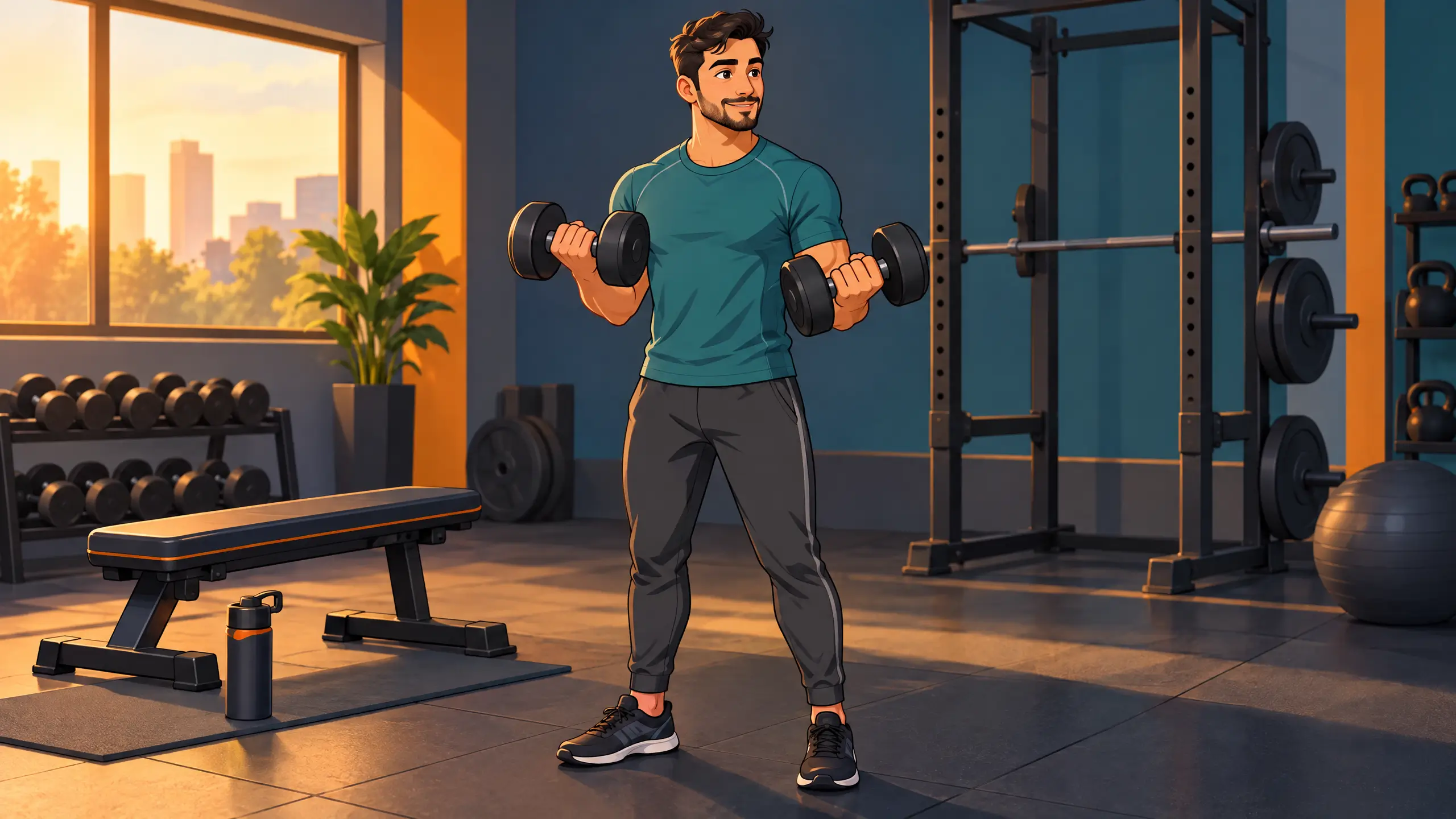 رجل يرفع دمبل في صالة رياضية بإضاءة دافئة، تمارين المقاومة أثناء إنقاص الوزن