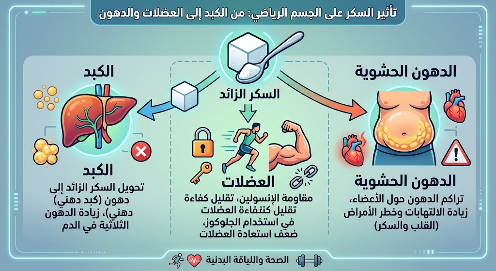 انفوجرافيك يوضح تأثير السكر على الجسم الرياضي