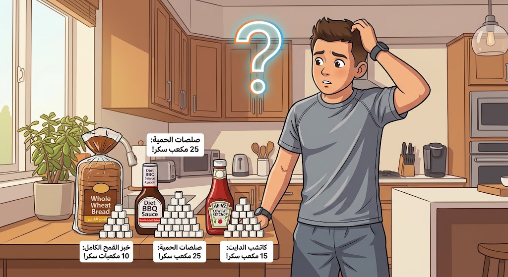 رياضي يحمل علامة استفهام فوق رأسه وبجانبه أطعمة يعتقد أنها صحية