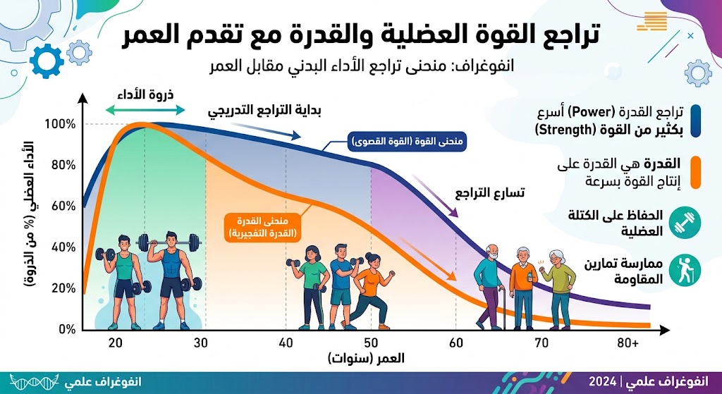 رسم بياني يوضح أن القدرة العضلية تتراجع أسرع من القوة العضلية مع التقدم في العمر ابتداءً من الأربعينات